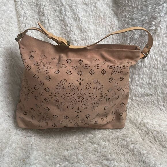 Anthropologie Miss Albright laser cut leather suede blush pink large tote bag. main image 10